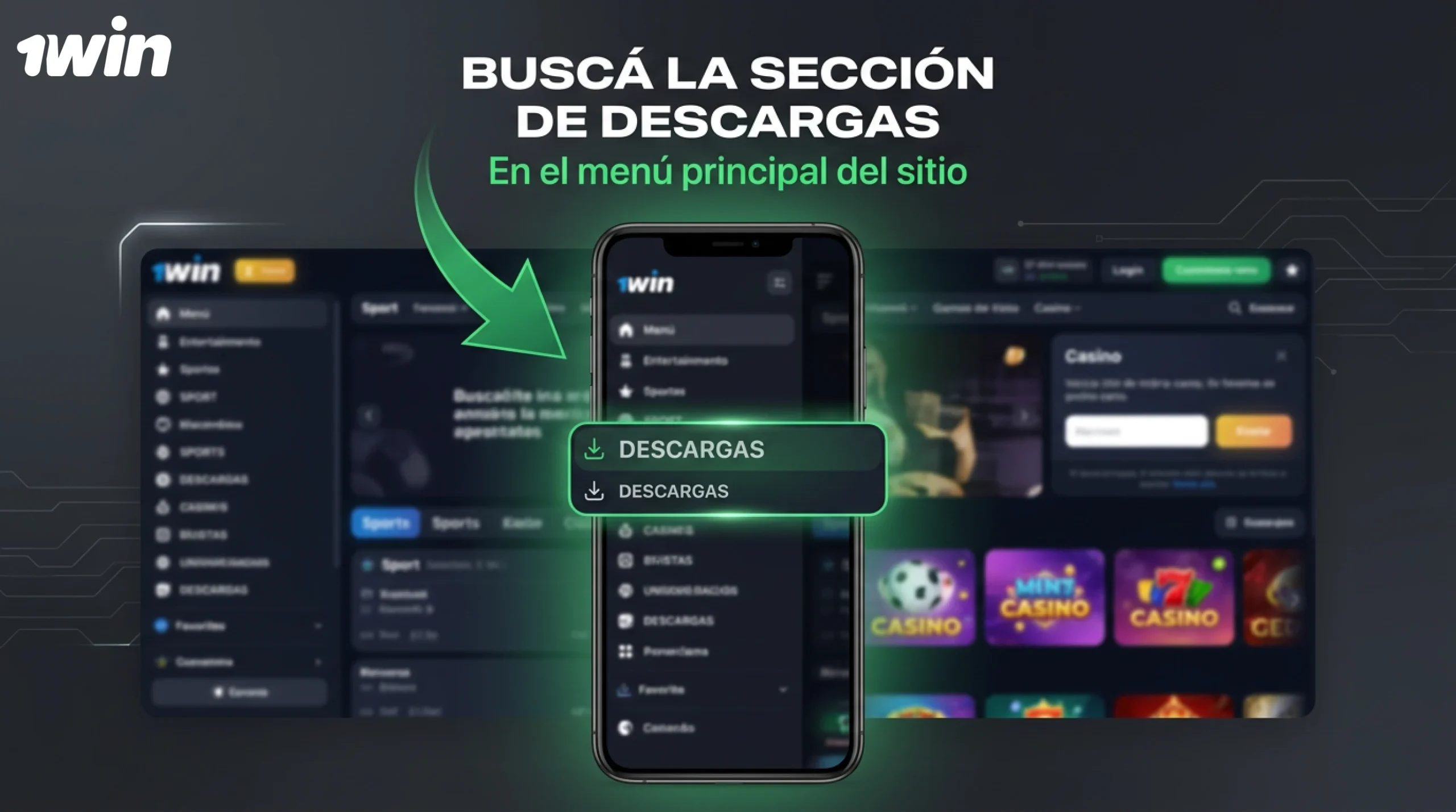 Busca la sección de descargas en el menú principal del sitio web de 1win
