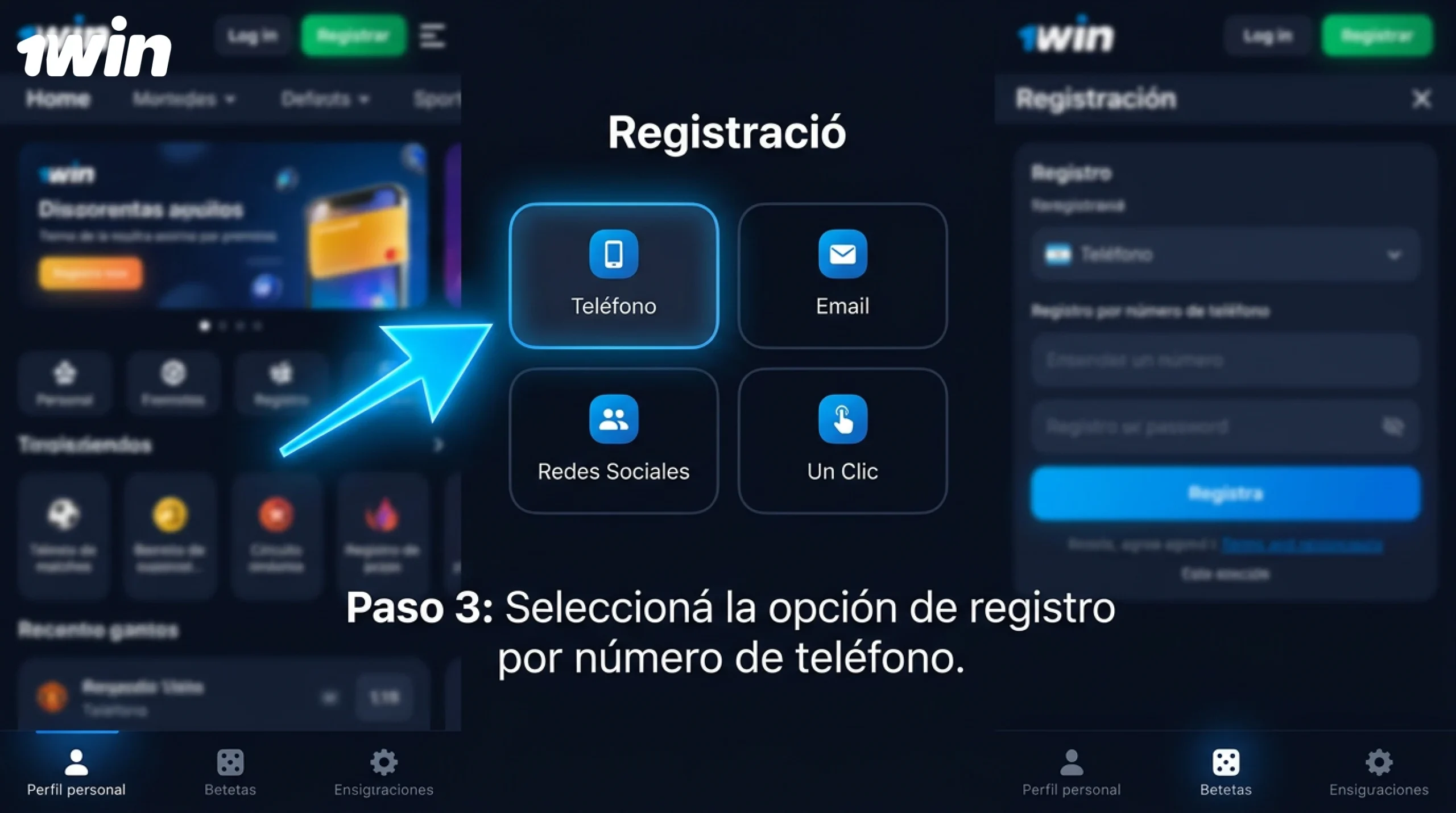 Seleccione la opción para registrarse por número de teléfono en 1win