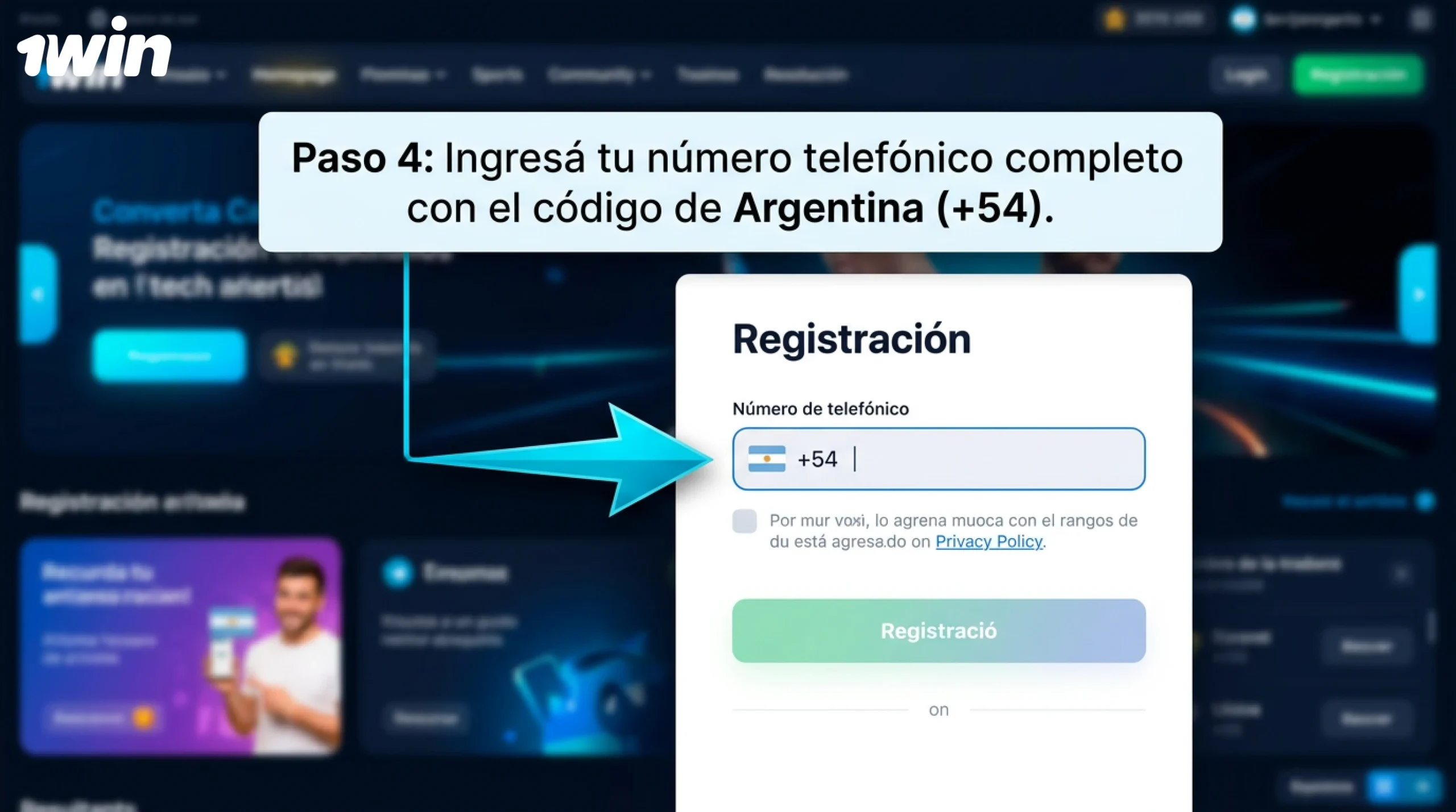 Seleccione la opción para registrarse por número de teléfono en 1win