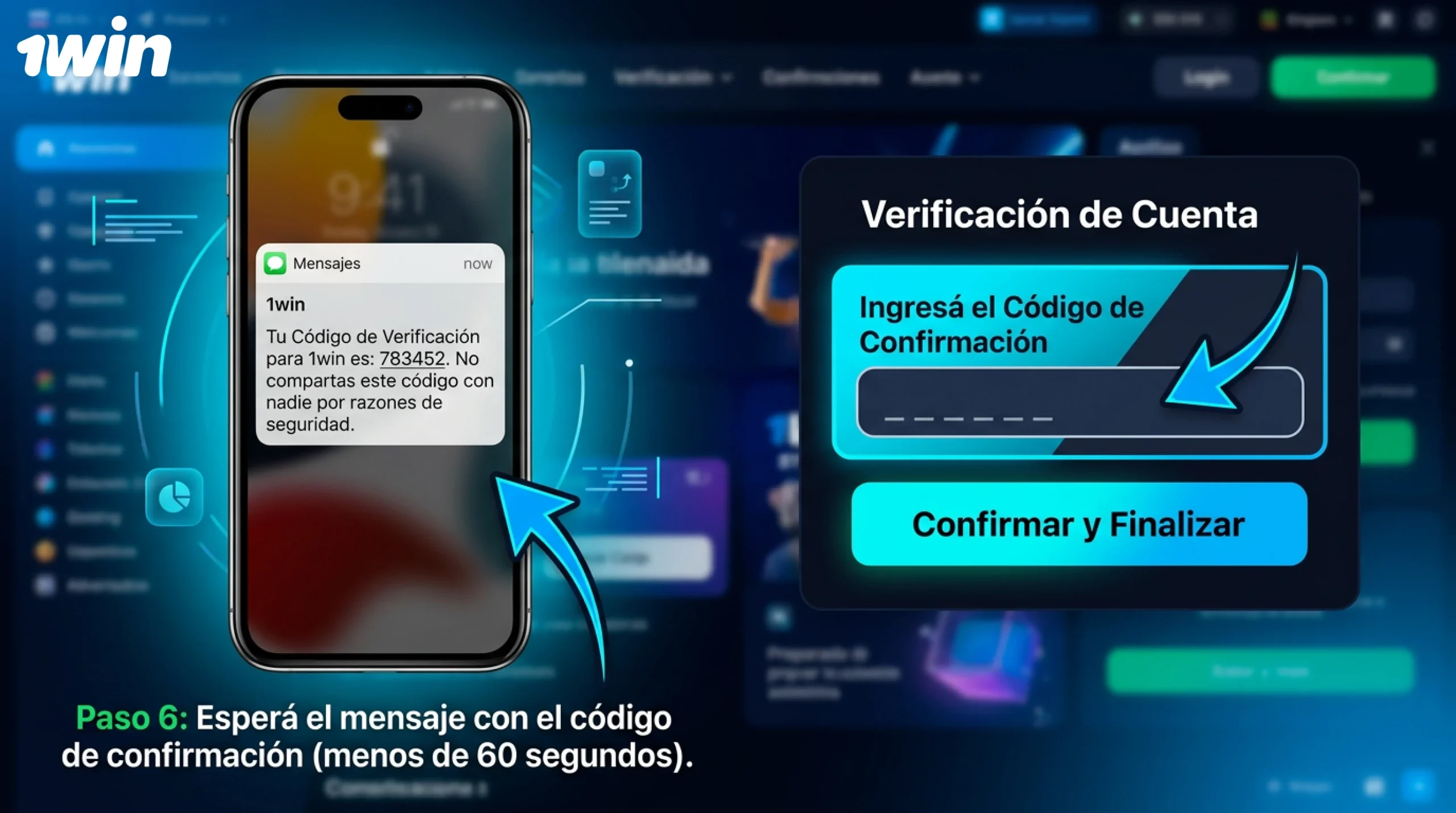 Espera el mensaje de texto con el código de confirmación de 1win, que llegará en menos de 60 segundos