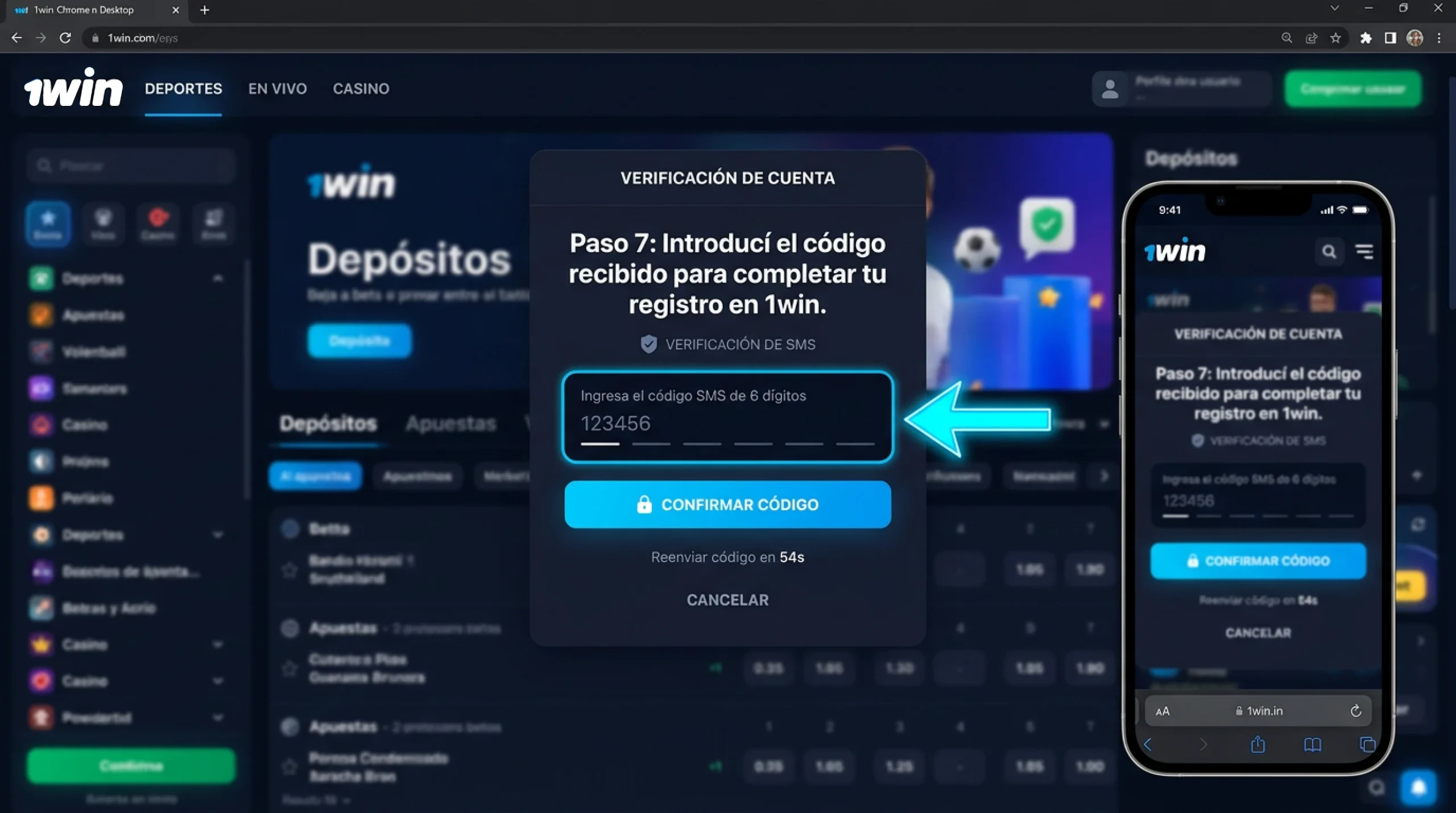 Introduce el código recibido en el campo de verificación para completar tu registro en 1win