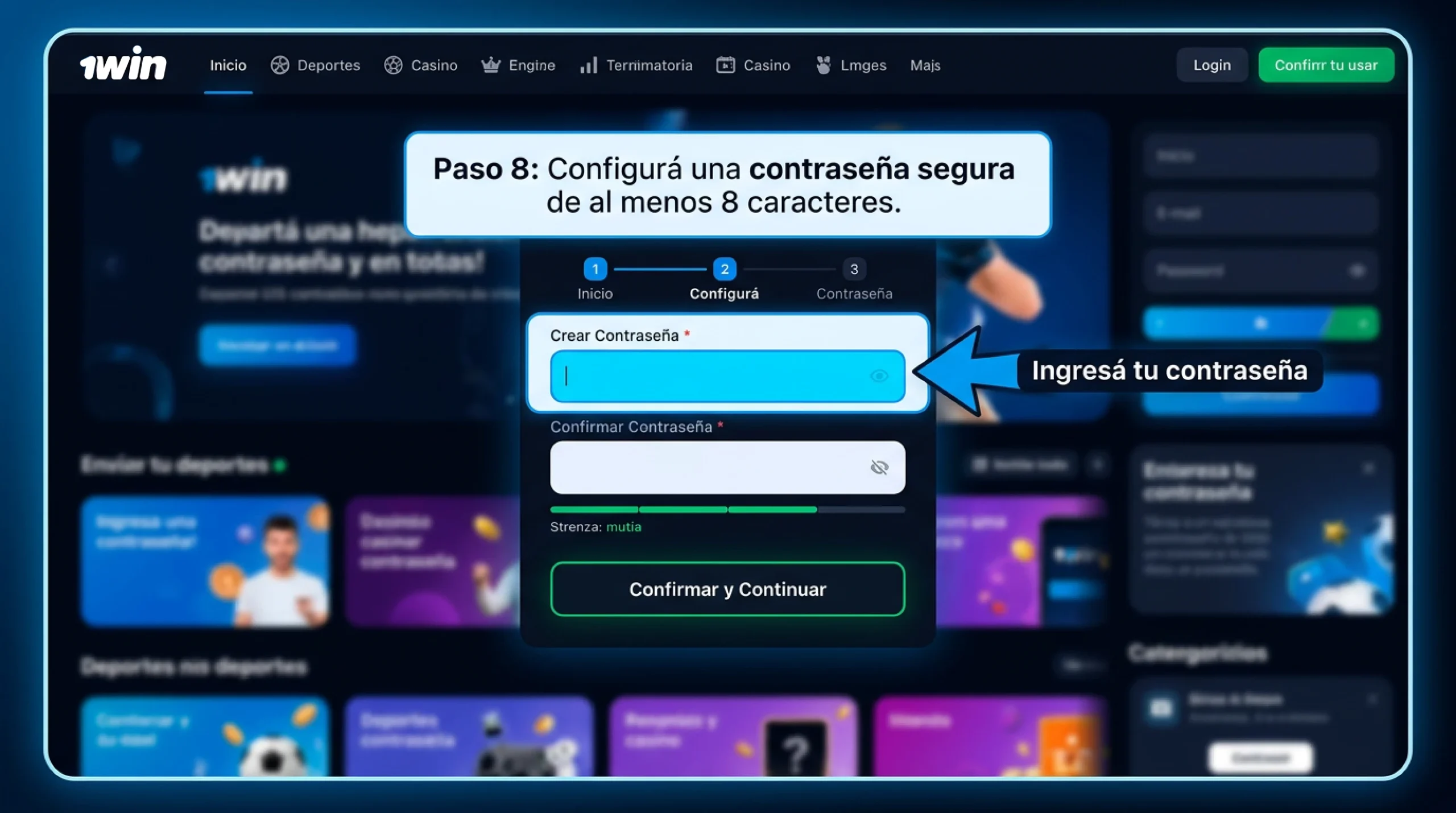Configure una contraseña segura de al menos 8 caracteres para proteger su cuenta de 1win
