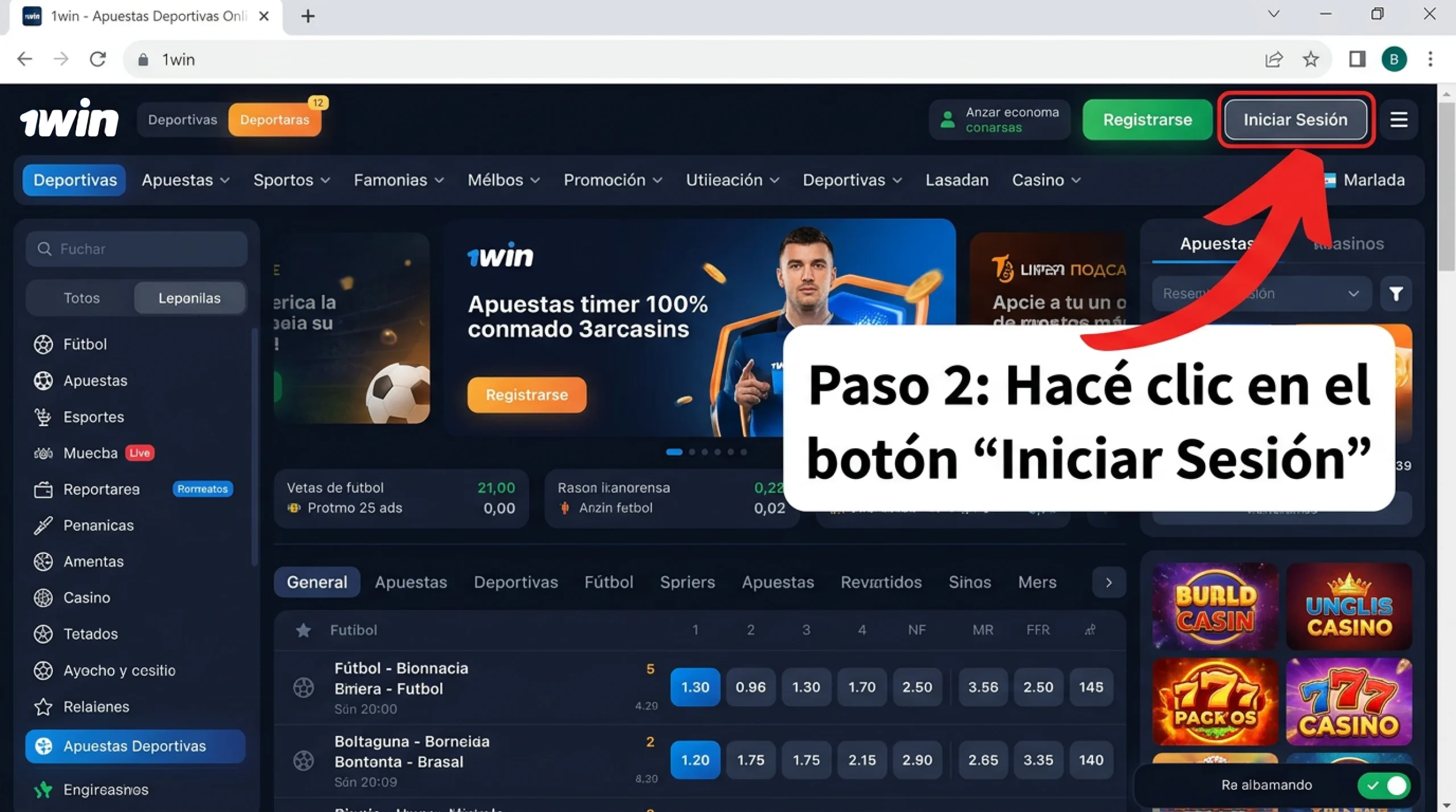 Haga clic en el botón «Iniciar sesión» en el sitio web de 1win
