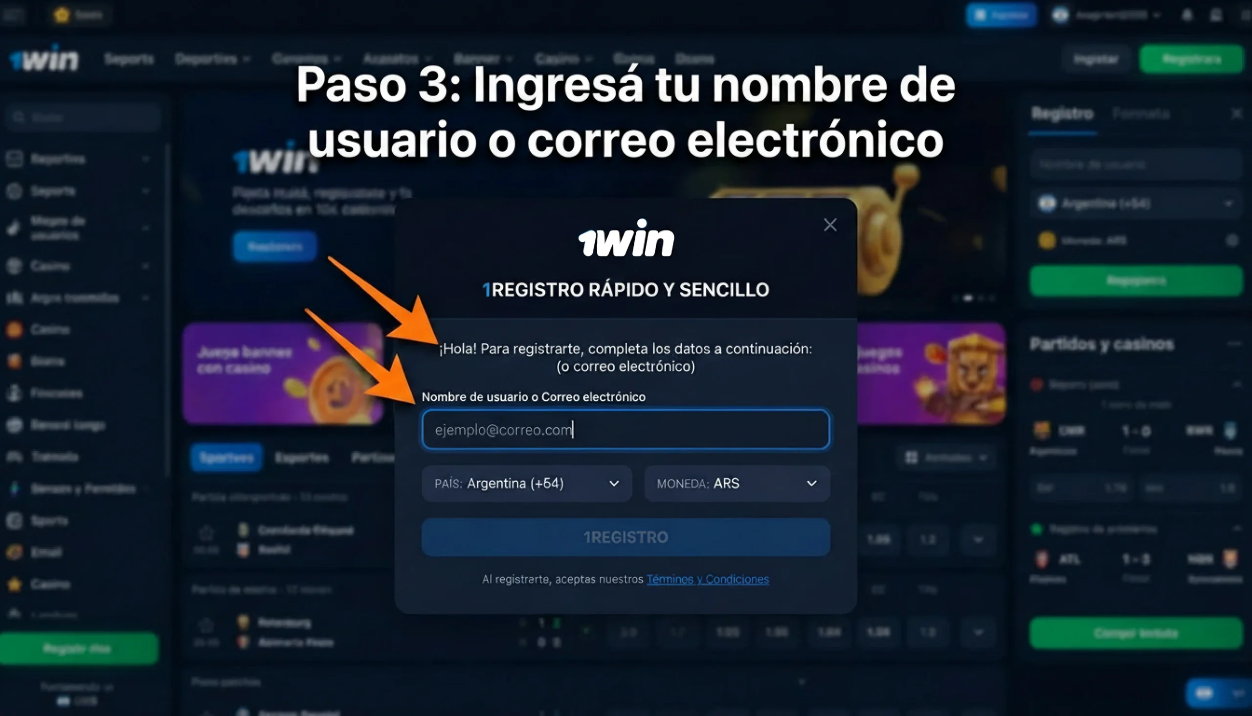 Introduzca su nombre de usuario o dirección de correo electrónico registrada en 1win Argentina