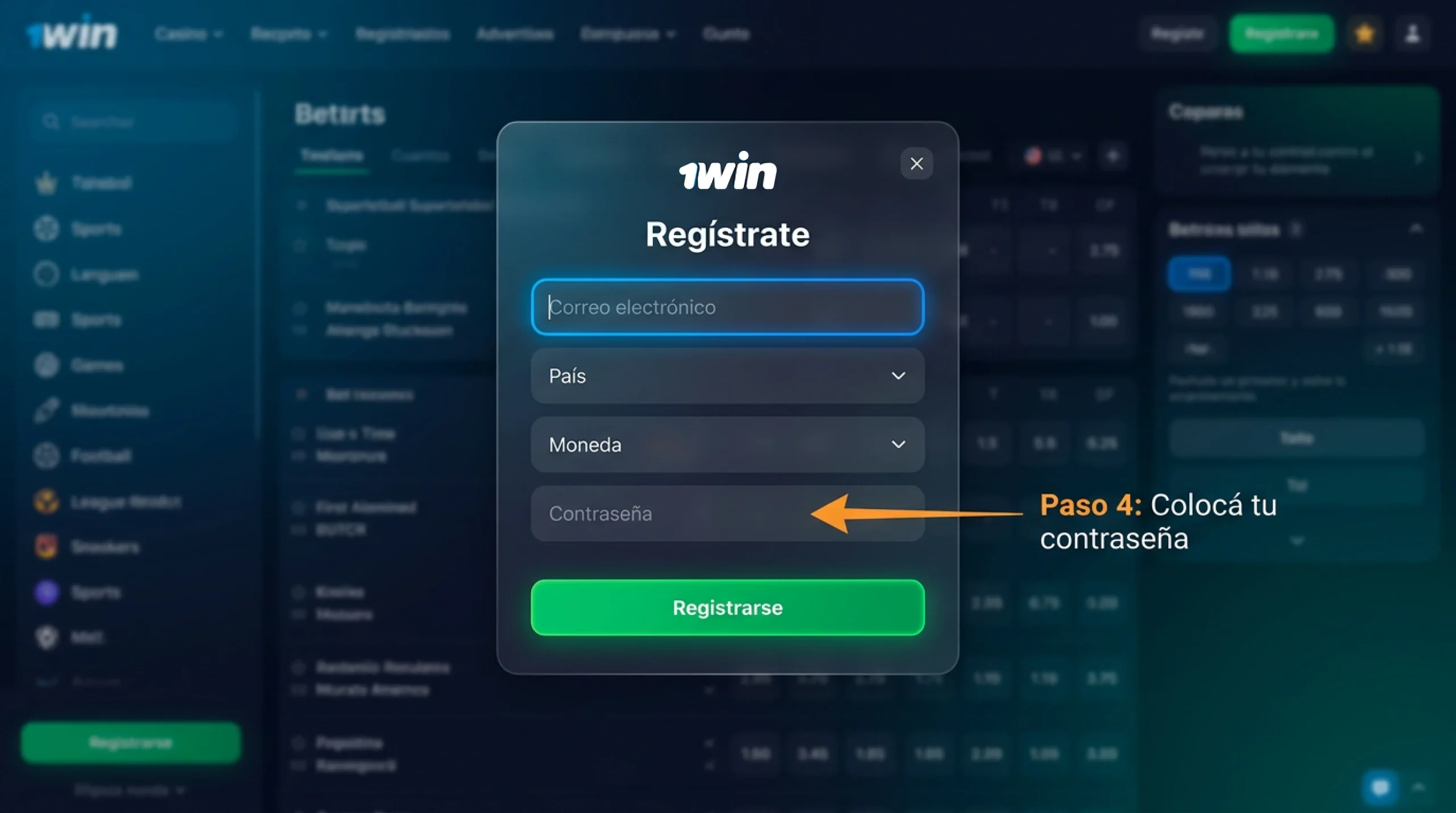 Introduzca su contraseña en el segundo campo de texto del sitio web de 1win